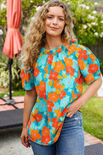 Load image into Gallery viewer, Vacay Ready Blue &amp; Orange Floral Frill Mock Neck Top
