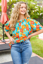 Load image into Gallery viewer, Vacay Ready Blue &amp; Orange Floral Frill Mock Neck Top
