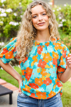 Load image into Gallery viewer, Vacay Ready Blue &amp; Orange Floral Frill Mock Neck Top
