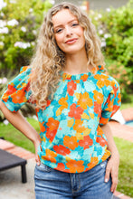 Load image into Gallery viewer, Vacay Ready Blue &amp; Orange Floral Frill Mock Neck Top
