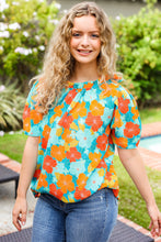 Load image into Gallery viewer, Vacay Ready Blue &amp; Orange Floral Frill Mock Neck Top
