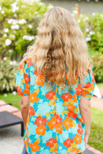 Load image into Gallery viewer, Vacay Ready Blue &amp; Orange Floral Frill Mock Neck Top
