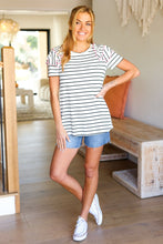 Load image into Gallery viewer, Get To It Ivory &amp; Pink Merrow Stitch Ruffle Sleeve Stripe Top
