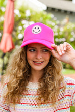 Load image into Gallery viewer, Neon Pink Glitter Smiley Face Mesh Trucker Hat
