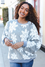 Load image into Gallery viewer, Season Greetings Silver Puffy Snowflake Sherpa Pullover
