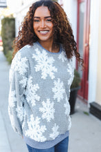 Load image into Gallery viewer, Season Greetings Silver Puffy Snowflake Sherpa Pullover
