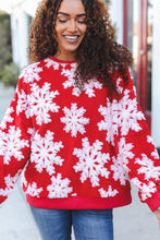 Load image into Gallery viewer, Season Greetings Red Puffy Snowflake Sherpa Pullover
