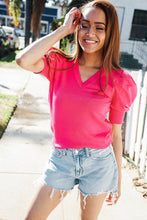 Load image into Gallery viewer, Be Bold Solid Fuchsia Shirred Puff Sleeve Sweater Top
