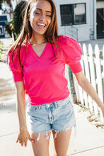 Load image into Gallery viewer, Be Bold Solid Fuchsia Shirred Puff Sleeve Sweater Top
