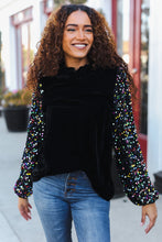 Load image into Gallery viewer, Under the Lights Black Velvet &amp; Sequin Frill Mock Neck Top
