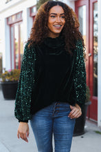 Load image into Gallery viewer, Under the Lights Green Velvet &amp; Sequin Frill Mock Neck Top
