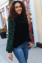 Load image into Gallery viewer, Under the Lights Green Velvet &amp; Sequin Frill Mock Neck Top
