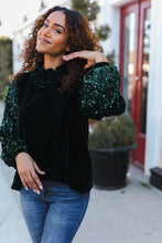 Load image into Gallery viewer, Under the Lights Green Velvet &amp; Sequin Frill Mock Neck Top
