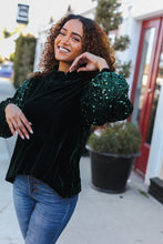 Load image into Gallery viewer, Under the Lights Green Velvet &amp; Sequin Frill Mock Neck Top
