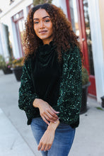 Load image into Gallery viewer, Under the Lights Green Velvet &amp; Sequin Frill Mock Neck Top
