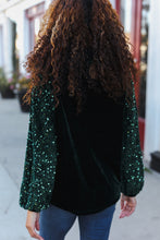 Load image into Gallery viewer, Under the Lights Green Velvet &amp; Sequin Frill Mock Neck Top
