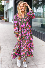 Load image into Gallery viewer, Go For It Forest &amp; Lavender Floral Print Notched Neck Tiered Maxi Dress
