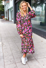 Load image into Gallery viewer, Go For It Forest &amp; Lavender Floral Print Notched Neck Tiered Maxi Dress
