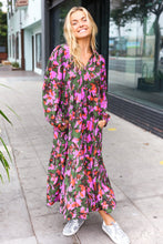 Load image into Gallery viewer, Go For It Forest &amp; Lavender Floral Print Notched Neck Tiered Maxi Dress
