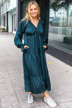 Load image into Gallery viewer, Elegant Hunter Green Elastic V Neck Tiered Satin Maxi Dress
