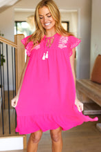 Load image into Gallery viewer, Bright Thoughts Hot Pink Embroidered Notched Neck Tassel Dress
