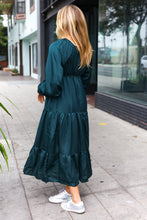 Load image into Gallery viewer, Elegant Hunter Green Elastic V Neck Tiered Satin Maxi Dress
