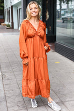 Load image into Gallery viewer, Elegant Rust Elastic V Neck Tiered Satin Maxi Dress
