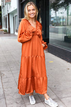 Load image into Gallery viewer, Elegant Rust Elastic V Neck Tiered Satin Maxi Dress
