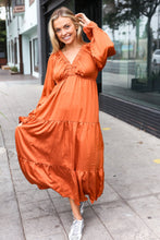 Load image into Gallery viewer, Elegant Rust Elastic V Neck Tiered Satin Maxi Dress
