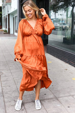 Load image into Gallery viewer, Elegant Rust Elastic V Neck Tiered Satin Maxi Dress
