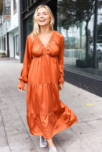 Load image into Gallery viewer, Elegant Rust Elastic V Neck Tiered Satin Maxi Dress
