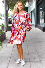 Load image into Gallery viewer, Diva Dreams Coral &amp; Charcoal Floral Tie Neck Pintuck Satin Dress
