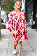 Load image into Gallery viewer, Diva Dreams Coral &amp; Charcoal Floral Tie Neck Pintuck Satin Dress
