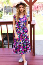 Load image into Gallery viewer, Diva Dreams Navy &amp; Lilac Floral Fit &amp; Flare Midi Dress
