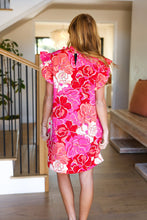 Load image into Gallery viewer, True Love Pink &amp; Red Floral Smocked Ruffle Sleeve Dress
