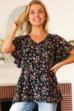 Load image into Gallery viewer, Summer Vibes Black Floral Print V Neck Babydoll Crepe Top
