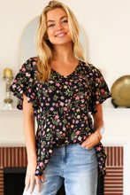 Load image into Gallery viewer, Summer Vibes Black Floral Print V Neck Babydoll Crepe Top
