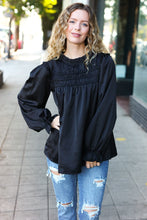 Load image into Gallery viewer, Be Your Best Black Satin Shirred Yoke Frilled Mock Neck Top
