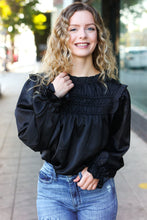 Load image into Gallery viewer, Be Your Best Black Satin Shirred Yoke Frilled Mock Neck Top
