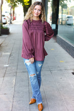 Load image into Gallery viewer, Be Your Best Wine Satin Shirred Yoke Frilled Mock Neck Top
