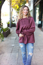 Load image into Gallery viewer, Be Your Best Wine Satin Shirred Yoke Frilled Mock Neck Top
