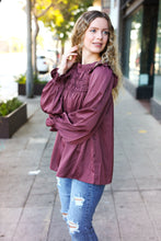 Load image into Gallery viewer, Be Your Best Wine Satin Shirred Yoke Frilled Mock Neck Top
