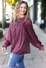 Load image into Gallery viewer, Be Your Best Wine Satin Shirred Yoke Frilled Mock Neck Top
