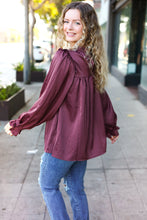 Load image into Gallery viewer, Be Your Best Wine Satin Shirred Yoke Frilled Mock Neck Top
