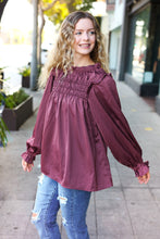 Load image into Gallery viewer, Be Your Best Wine Satin Shirred Yoke Frilled Mock Neck Top
