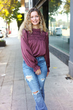 Load image into Gallery viewer, Be Your Best Wine Satin Shirred Yoke Frilled Mock Neck Top
