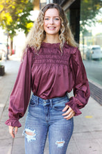 Load image into Gallery viewer, Be Your Best Wine Satin Shirred Yoke Frilled Mock Neck Top
