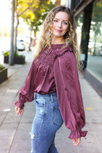 Load image into Gallery viewer, Be Your Best Wine Satin Shirred Yoke Frilled Mock Neck Top
