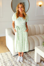 Load image into Gallery viewer, Sunny Days Sage Floral Print Fit &amp; Flare Sash Belt V Neck Dress
