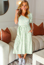 Load image into Gallery viewer, Sunny Days Sage Floral Print Fit &amp; Flare Sash Belt V Neck Dress
